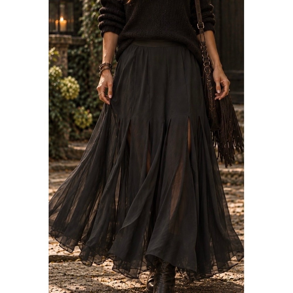 Vtg Whimsigoth Dana Buchman Maxi Skirt Womens sz 14 Witchy Silk Black Goth